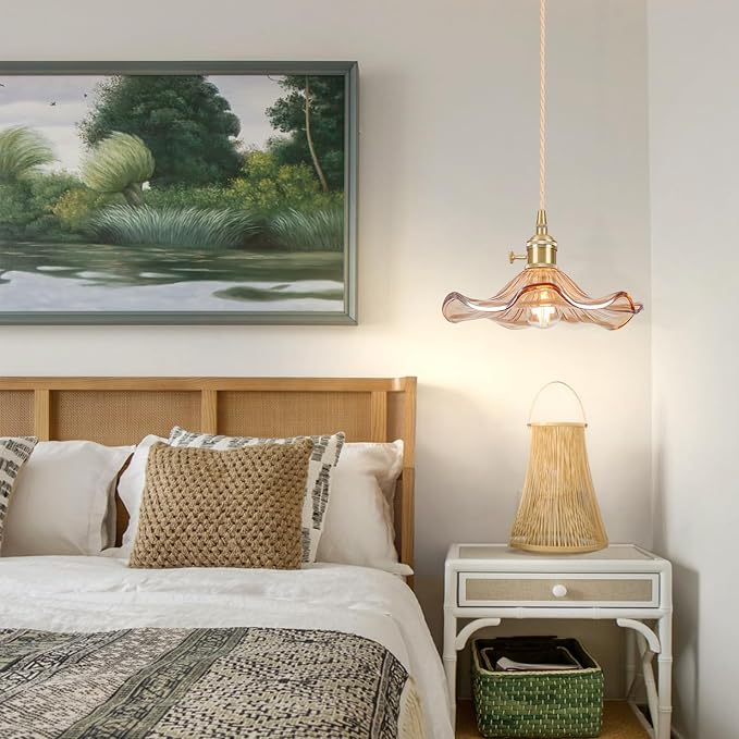 Glass Pendant Light Vintage Light Fixtures,Amber Modern Chandelier Pendant,E26 8.8" Adjustable Hanging Light,Flower Pendant Lights Kitchen Island for Farmhouse Entryway Dining Room 1 Light