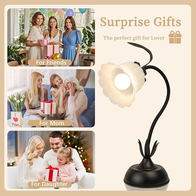 Vintage Flower Table Lamp, 3 Color Temperature Flexible Gooseneck Cute Small Desk Lamp for Bedroom, Kawaii Nightstand Bedside Lamps for Living Room, Dorm, Office, Home Decor (Black)