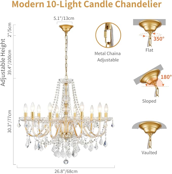 Large Crystal Chandelier, Modern Gold Crystal Chandeliers for Dining Room Light Fixture, 10-Lights Large Gold Pendant Light Fixtures Luxury Chandelier for Living Room Bedroom Foyer Entryway D26.8''