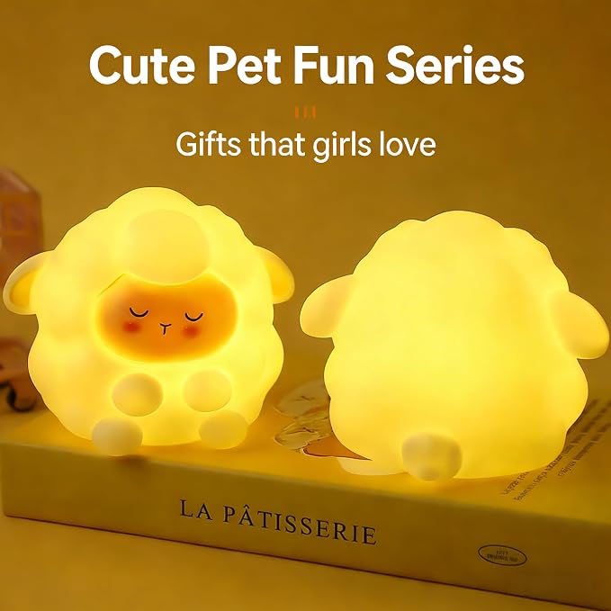 Cute Sleepy Sheep Silicone Night Light, Rechargeable Touch Control LED Lamp, 3 Level Dimmable Warm White Squishy Nursery Nightlight, Baby Kids Bedroom Bedside Decor Gift Lamp