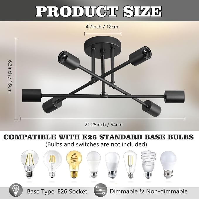 6-Light Modern Metal Ceiling Light, Black Sputnik Dining Room Light Fixture | 22" Modern Sputnik Ceiling Light Fixture with E26 Base, Chandelier Light Fixtures Ceiling Mount for Bedroom Living Room