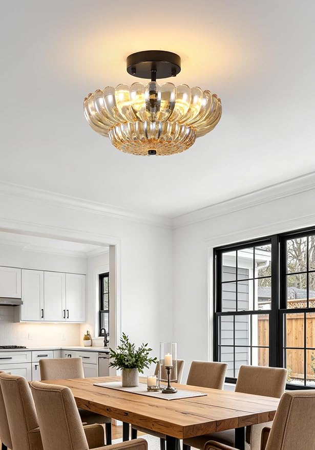 Semi Flush Mount Ceiling Light, Vintage Black Close to Ceiling Light Fixture with Glass Shade, Mid Century Modern Lighting for Bedroom Hallway Kitchen Laundry-Amber