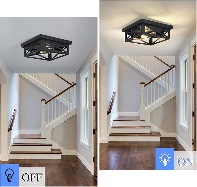SKEJAO Black Flush Mount Ceiling Light Fixture,2-Light Square Hallway Light Fixtures Ceiling,Light Fixtures Ceiling Mount for Farmhouse,Kitchen,Hall,Bedroom (2 Pack)