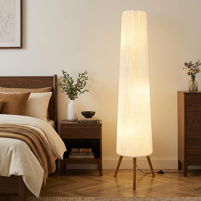 60 Inch Oatmeal Wood Floor Lamp, Color Temperature Adjustable Softlighting Corner Lamp, 3 Bulbs Standing Lamp, Creative Ambient Light for Living Room Bedroom&Office-Bulbs Included