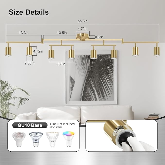 8 Light Track Lighting Fixtures Ceiling, Gold Kichen Track Lighting Fixtures, Rotatable Light Heads, Adjustable Modern LED Track Lights for Kitchen/Hallway, No GU10 Bulb