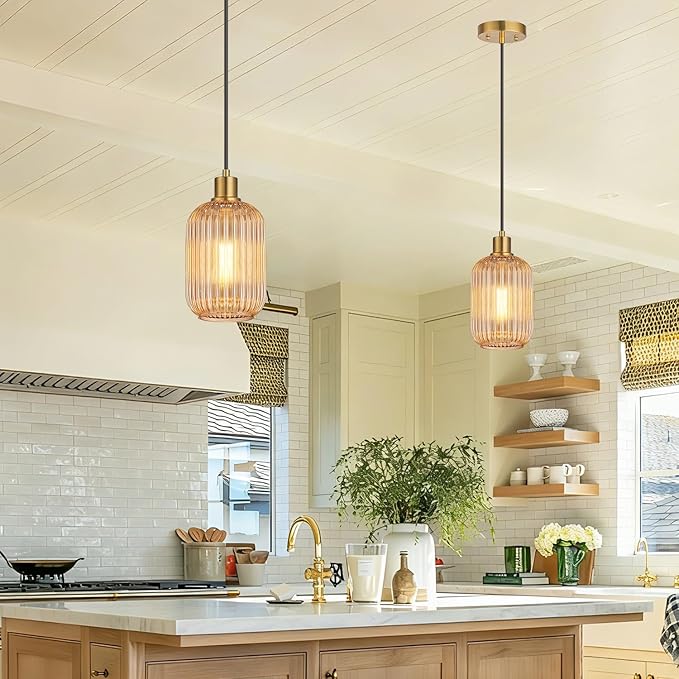 1 Pack Pendant Lights with Vintage Amber Ribbed Glass Lampshade, Adjustable Brushed Gold Pendant Lights Fixtures for Kitchen Island Lighting Sink, Dining & Living Room Hallway (Bulbs Not Included)