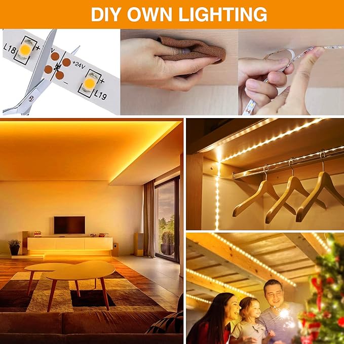 CT CAPETRONIX Warm White LED Strip Light,16.4 Feet 24 Volt LED Light Strip, 3000K Super Bright LED Tape Light, for Bedroom, Kitchen, Closet, Cabinet, Vanity Mirror, Indoor Only, (Dimmer Included)