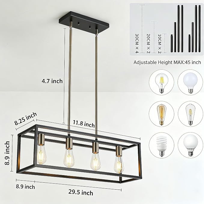 Black&Brushed Nickel Kitchen Light Fixtures Farmhouse Rectangle Chandeliers Dining Room Light for Dining Rooms, Light Fixture Matte 4-Light Industrial Pendant Lighting