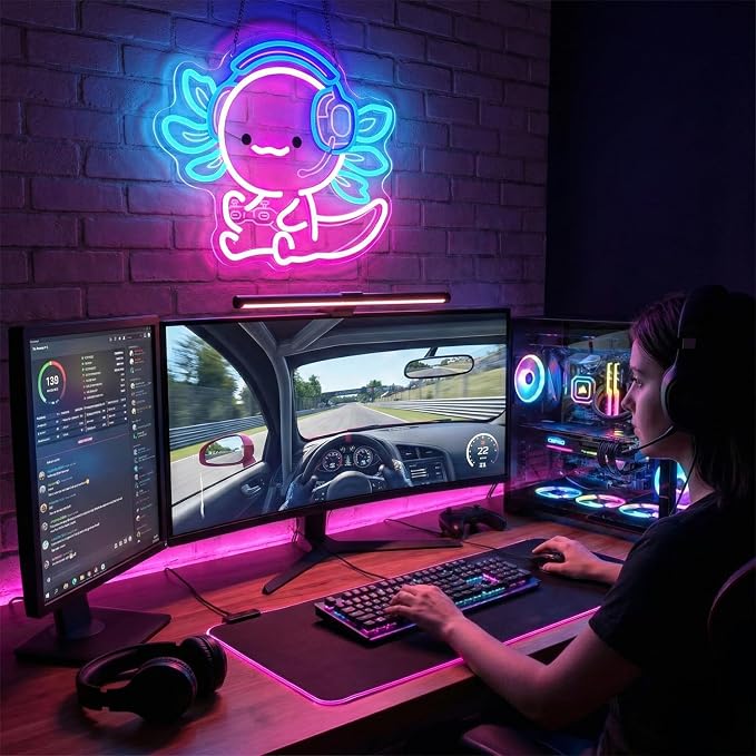 Cute Axolotl Gaming Neon Sign with Headset & Controller,LED Neon Wall Light for Gamer Room Decor,USB Powered Dimmable Neon Light for Bedroom,Teens Room,Game Setup