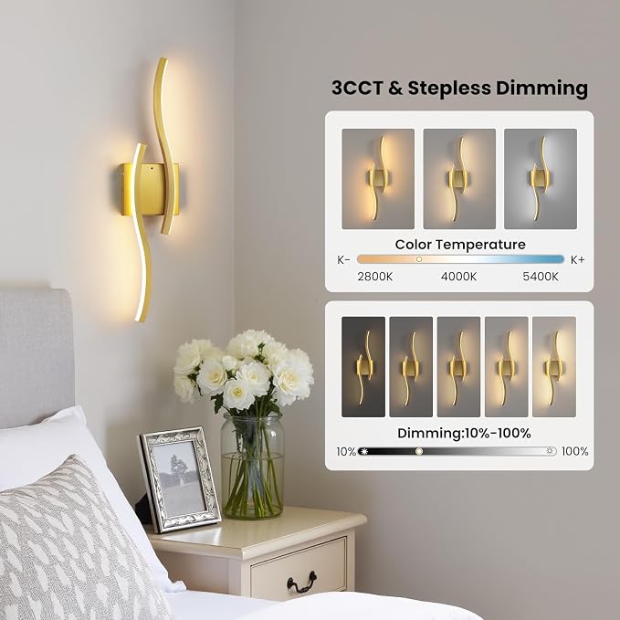 Gold Battery Operated Wall Sconces: 23.6 Inch Rechargeable Wall Sconce Set of 2 with Remote Control/3 Colors/10-100% Dimming/Timer, Modern Wall Light for Bedroom Living Room Hallway Bathroom, 2 Pcs