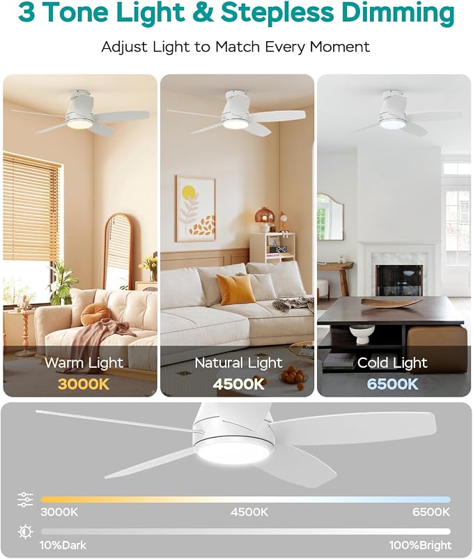 42 Inch Ceiling Fans with Lights, Quiet Reversible Fan with DC Motor, Remote & APP Control, 6-Speed, 4 Color Temperatures, Dimmable, Ceiling Fan for Bedroom Living Room,White