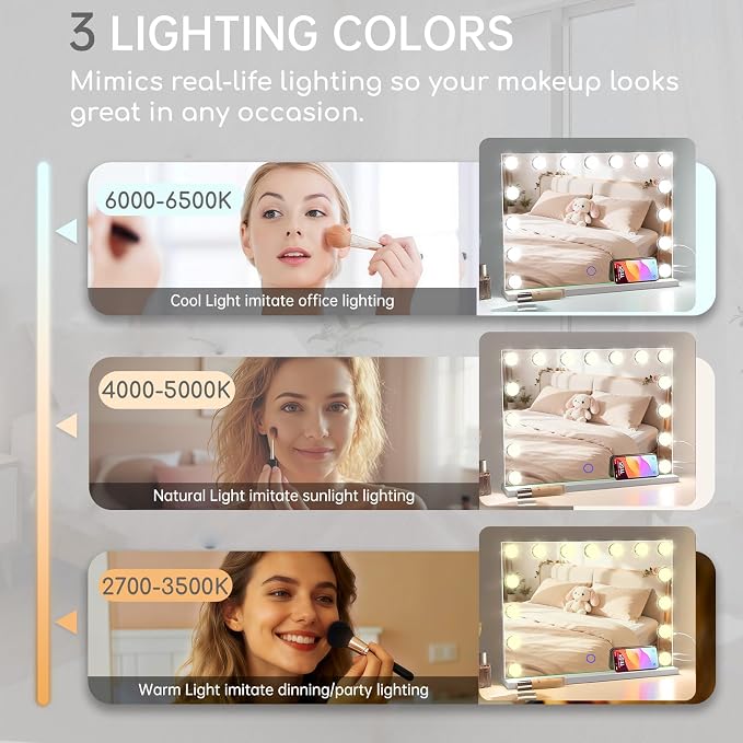 Hollywood Vanity Mirror with Lights, 23" x 18" Lighted Makeup Mirror with 15 Led Bulbs, 3 Color Lights, 10x Magnification, Desk/Wall Mounted, Bedroom College Dorm Room Essentials