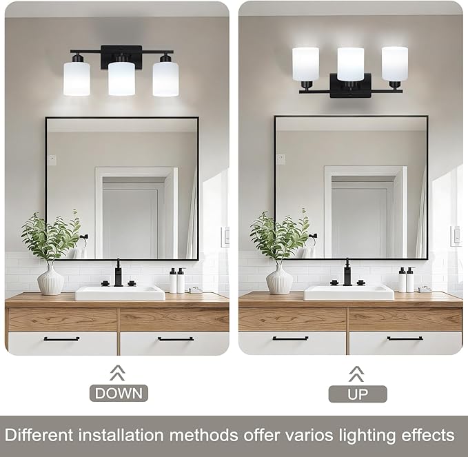 3-Light Bathroom Vanity Light Fixtures, Black Modern Vanity Light Over Mirror, Modern Wall Light with Milky White Frosted Glass Shade for Bathroom Bedroom Living Room Kitchen Hallway