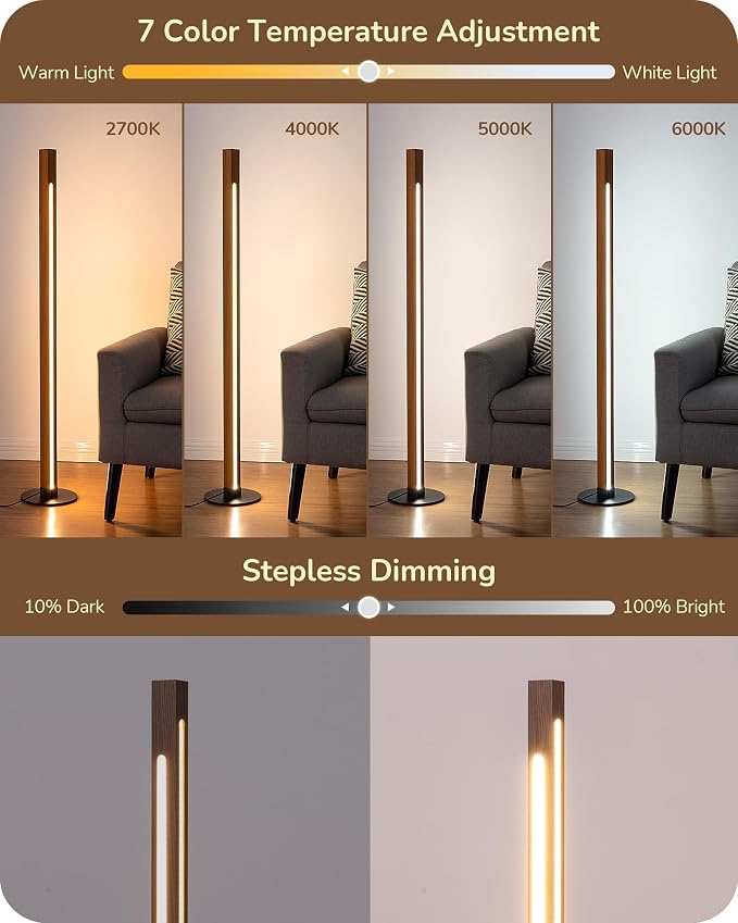 EDISHINE Wooden Floor Lamp with Remote, Dual Lighting, 7CCT & Dimmable | Foot Switch, Night Light Mode, Memory Function, Standing Lamp for Bedroom, Office, Dark Walnut