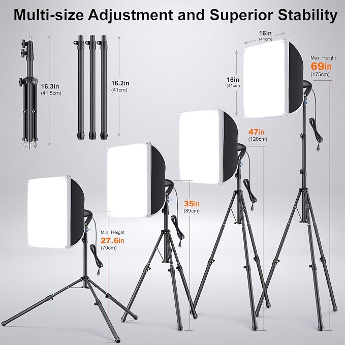 LINCO 16"x16" Softbox Lighting Kit with 85W LED Bulb & Adjustable Tripod | Professional photography lighting kit, ideal for photo light studio, video recording & live streaming