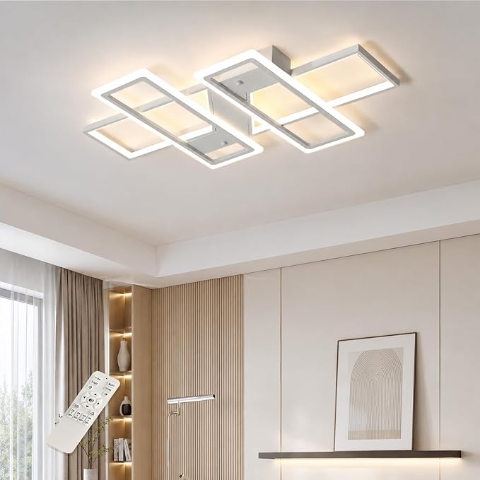 GEADI 35.4" Modern LED Ceiling Light, Dimmable White Flush Mount Chandelier | 80W 4-Square Geometric Ceiling Lamp with Remote, 3000K-6500K Dimming, Memory, 4800 Lumens, Low Profile for Bedroom, Kitchen