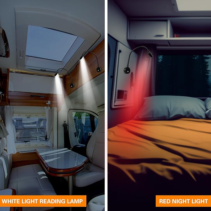 2 Pieces 12v Rv Reading Light Bedside Lamp Dimmable Wall Mounted Reading Light with USB Charging 3000k Warm White Flexible Gooseneck Bed Lamp for for Rv Interior Camper Van Boat (Black)