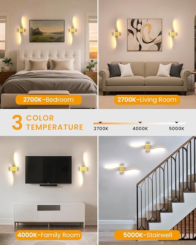 NIORSUN 27.6 Inch Battery Operated Wall Sconce Set of 2, Gold Modern Rechargeable Wall Lights with Remote, 3CCT Dimmable Wireless Wall Lamp for Living Room Bedroom Hallway