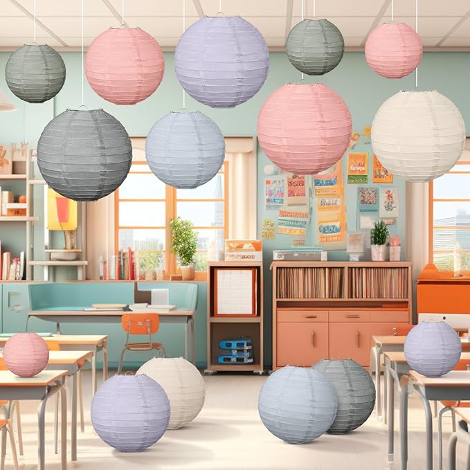 Glooglitter 16 Pcs Colorful Hanging Paper Lanterns Boho Party Decorations 4” 6” 8” 10” Round Decorative Chinese Lanterns Classroom Ceiling Decor for Indoor Outdoor Wedding Baby Shower, Morandi Color