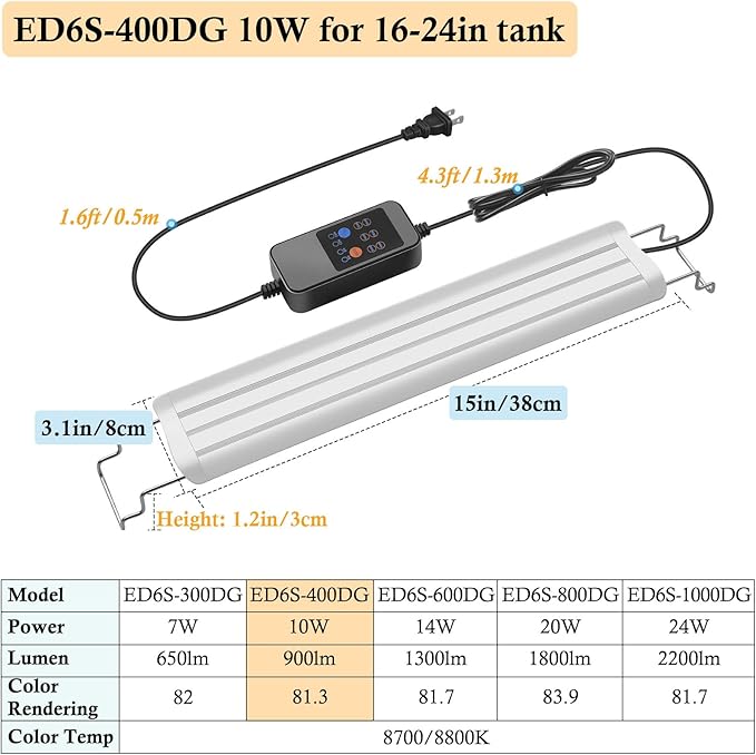 HITOP 16-24in Plant Growth Aquarium LED Light with Timer, Full Spectrum Auto 24/7 Lighting Cycle& 10-Level Brightness Adjustment, Fish Tank Light with Extendable Brackets