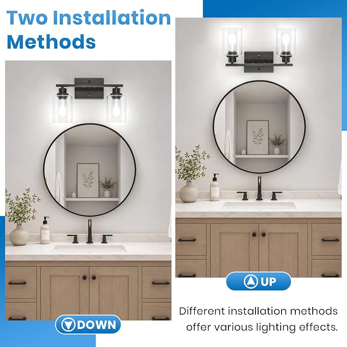 Ascher 2 Light Bathroom Light Fixture, Matte Black Bathroom Lighting Fixtures Over Mirror, Vanity Light with Clear Glass Shade, Wall Sconce for Living Room Bedroom Cabinet, E26 Base