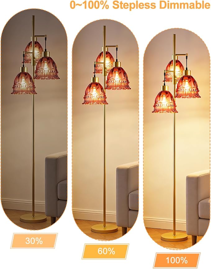 Lightdot 3-Lights Glass Floor Lamp Dimmable Gold Floor Lamp with Deep Red Glass Shade 3000K Bulbs Included Unique Modern Standing Tall Lamp with 5Lbs Heavy Base for Living Room/Bedroom/Sofa Beside