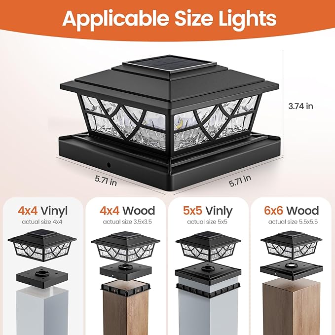 APONUO Solar Post Cap Lights 4 Pack for 4x4 5x5 6x6 Wood Vinyl Fences - IP64 Waterproof, Auto On/Off, Solar Powered Post Lights, Warm Cool White, Deck Patio Yard Decor, Black