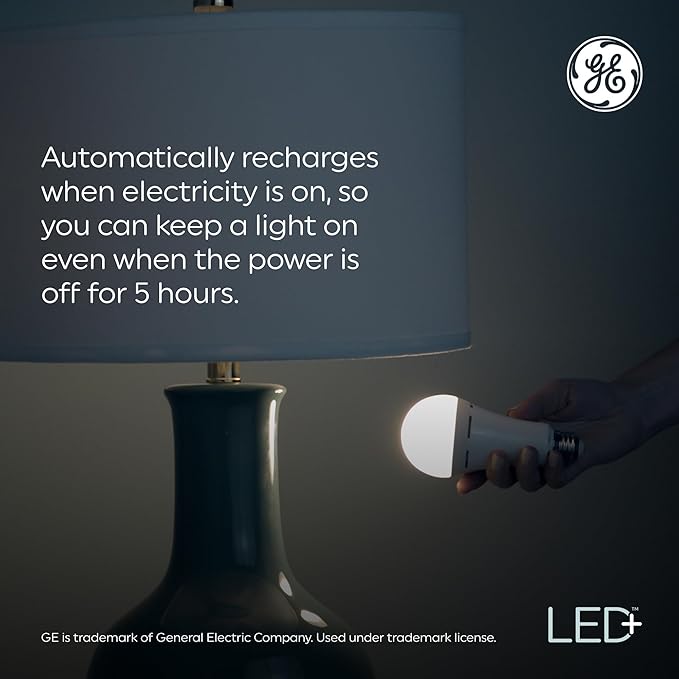 GE LED+ Backup Battery LED Light Bulbs, A21 Rechargeable Light Bulbs for Power Outages and Emergencies, Flashlight, 3 Color Temperatures (2 Pack)