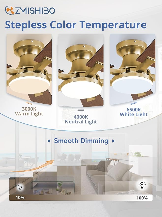 ZMISHIBO 42 Inch Ceiling Fans with Lights, Remote&App Control, Flush Mount | Low Profile, Dimmable 20W LED Light, Quiet Reversible Motor, Strong Airflow, Easy Install for Bedroom/Living Room/Apt, Gold