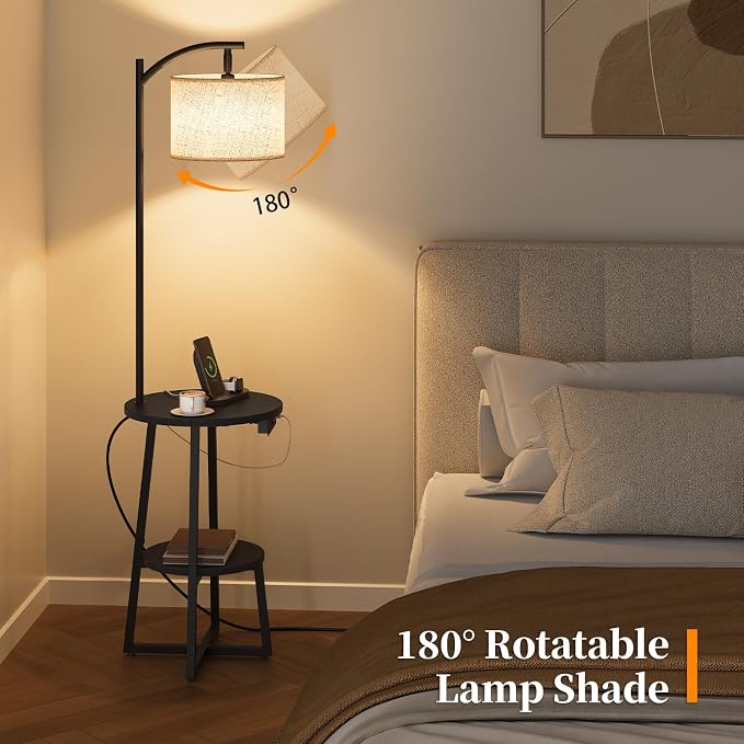 Yoobure Floor Lamp with Table - Farmhouse Night Stand with Charging Station | Side Table with Floor Lamps for Living Room, Bedroom, End Table with Lamp Attached 3 Color Temperatures Bulb, 2 Tier Shelves