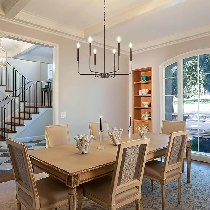 Modern Oil-Rubbed Bronze Chandelier for Dining Room, Metal 6-Light Kitchen Light Fixtures, Farmhouse Candle Hanging Pendant Light for Living Room Entryway Foyer Bedroom (Bulbs Not Included)