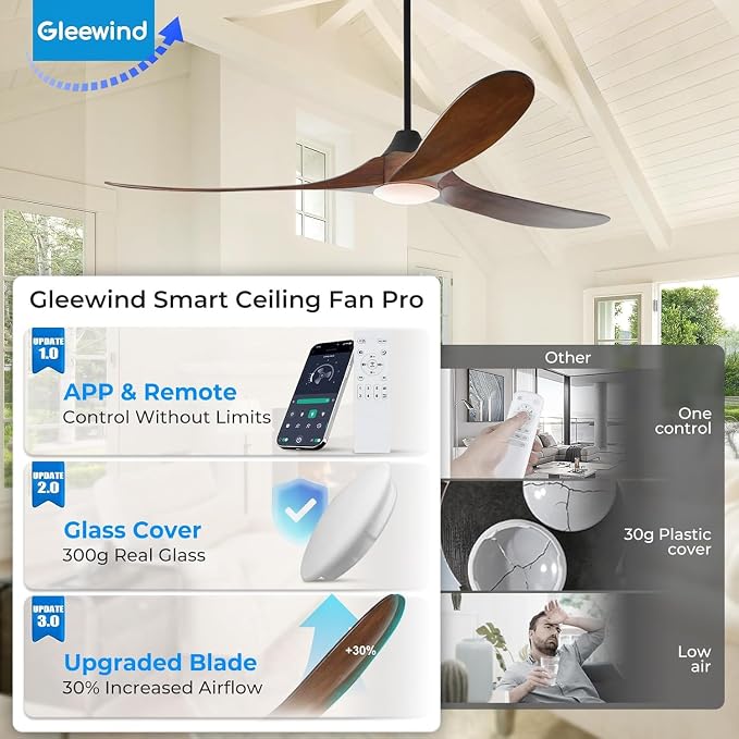 60 inch Outdoor Ceiling Fan with Light-Glass Lamp, 3 blade Wood Propeller Ceiling Fans with Lights and Remote Control for Patios, Exterior Damp Rated High CFM Ceiling Fans Modern Smart APP