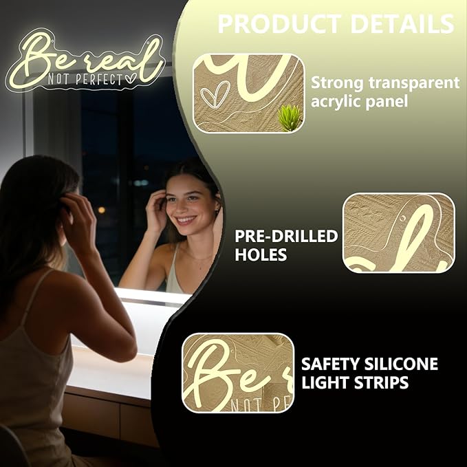 Be Real Not Perfect Neon Sign for Wall Decor,Warm White LED Signs for Living Room Bedroom House Club Party,Be Real Not Perfect Dimmable Neon Light Gifts for Women Men USB Powered（16.5"*6.7"）