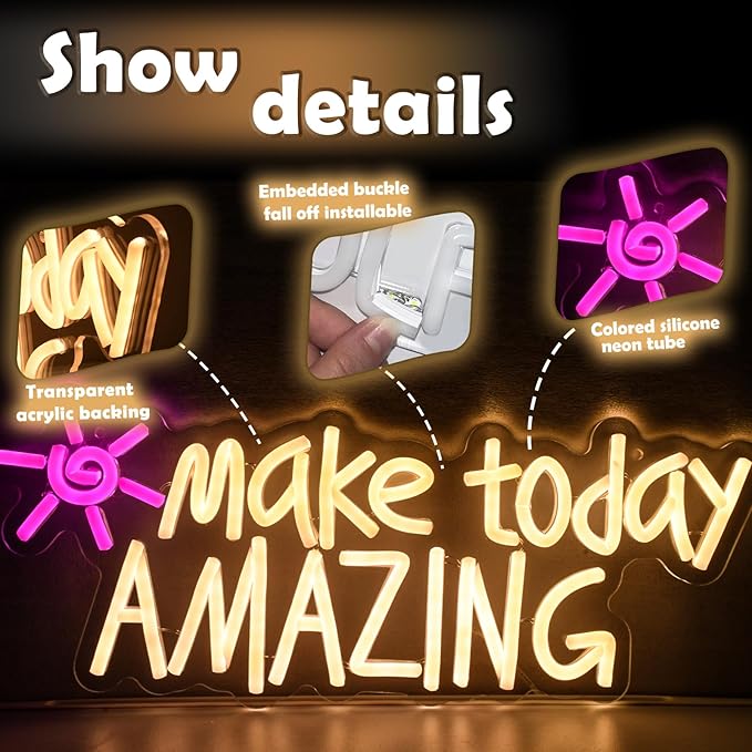 Make today Amazing neon sign, suitable for classroom wall decoration, back-to-school season, graduation season, student gifts. Dimmable, USB powered, pink heart-shaped inspirational neon light.