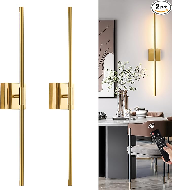 10000mAh Gold Battery Operated Wall Sconces Set of 2, 3 Color Dimmable Rechargeable Wall Light with Remote, 24 Inch Wireless Sconce Wall Lighting with Timer Function for Living Room, Bedroom, TV