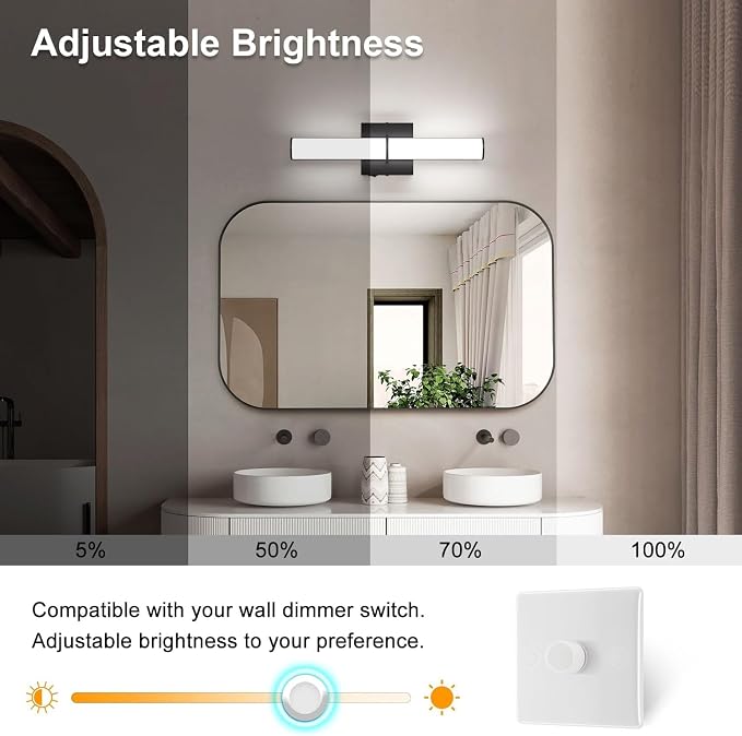 2Pack 17.3Inch Black Vanity Light Fixture with Switch, 12W 5000K Led Bathroom Light Fixture Over Mirror, Hardwired Wall Light, 1200LM Vanity Light Bar for Mirror Bedroom Hallway Living Room