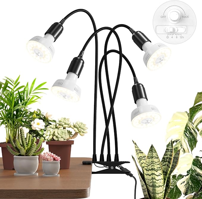 Barrina Orbgrow OG11A4 Clip On Grow Light for Indoor Plants, 4000K 44W | Integrated Stepless Dimming & Timing, Full Spectrum, High PPFD, 4 Goosenecks with E26 Plant Light Bulbs