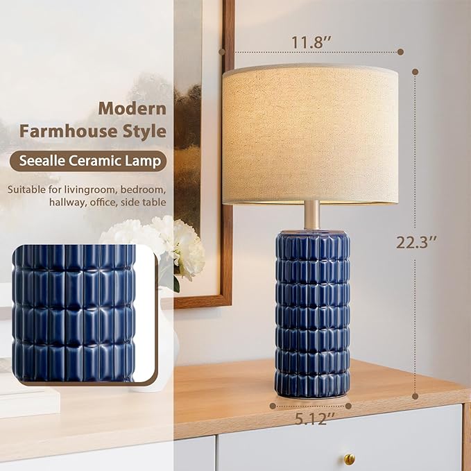 23" Modern Ceramic Table Lamps Set of 2 - Table Lamps for Living room, Farmhouse Bedside Night Stands Lamp for Bedroom, White Boho Nightstand Lamps Set of 2, Desk Lamp for End Table Home Decor(Blue)