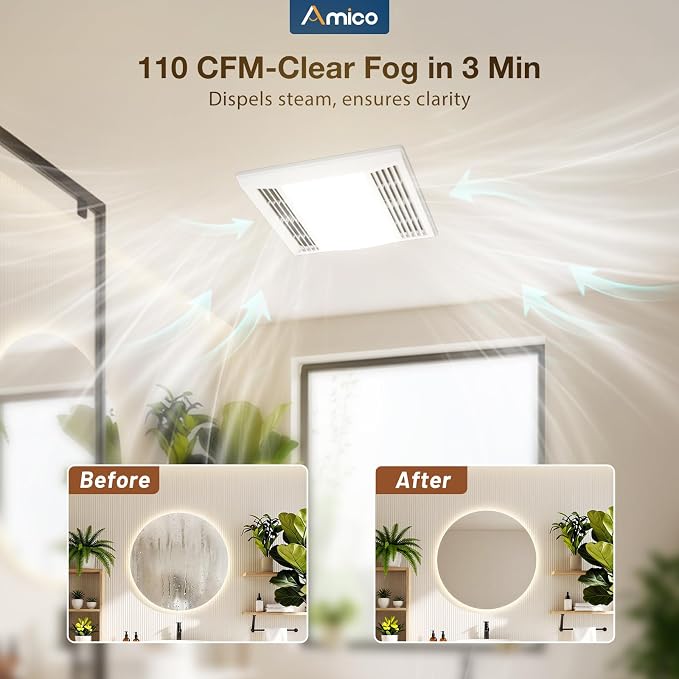 Amico Bathroom Exhaust Fan with LED Light, 110 CFM, 1.0 Sones, 5CCT, 90 CRI | 1000LM, Ceiling Mount Shower Ventilation Fan, No Attic Access Needed, 4 Inch Duct, 9.4'' x 9.4'' Ceiling Opening, ETL & FCC