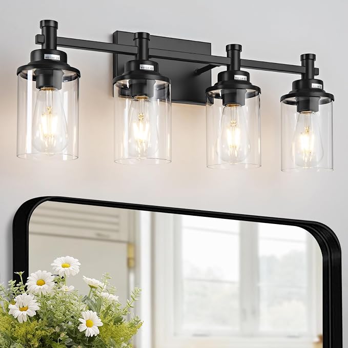 4-Light Bathroom Vanity Lights with Clear Glass Shades, Matte Black Over Mirror, Modern Wall Lamp for Mirror, Living Room, Bedroom