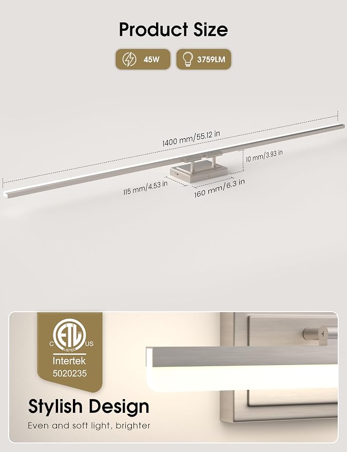 VOLISUN Modern Bathroom Vanity Light 55 inch, 45W Dimmable 5CCT Led Bathroom Light Fixture Over Mirror, Brushed Nickel Bar Vanity Light for Bathrooms Mirror Cabinets Bedroom