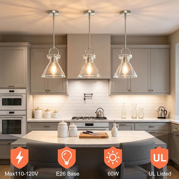 Glass Pendant Lights Kitchen Island Nickel 9.84'' Clear Glass Shade | Modern Pendant Lighting Over Sink, Adjustable Hanging Ceiling Light, E26 Dimmable Hardwired for Dining Room Hallway, 1-Pack