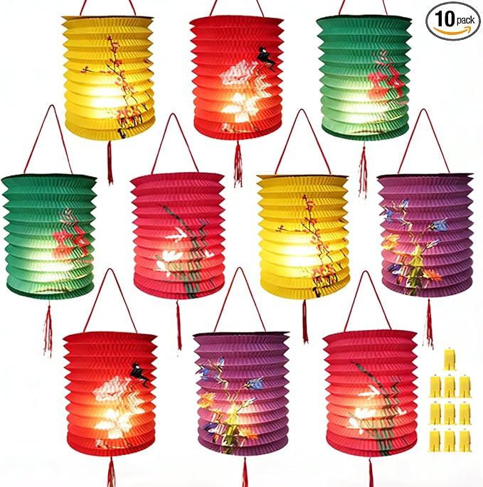 10PCS Chinese Japanese Asian Paper Lanterns with LED Lights Decorative Hanging Electric Paper Lanterns 6.3inch Colorful for Spring Festival Valentine Lunar New Year Party Decorations Decor (10)