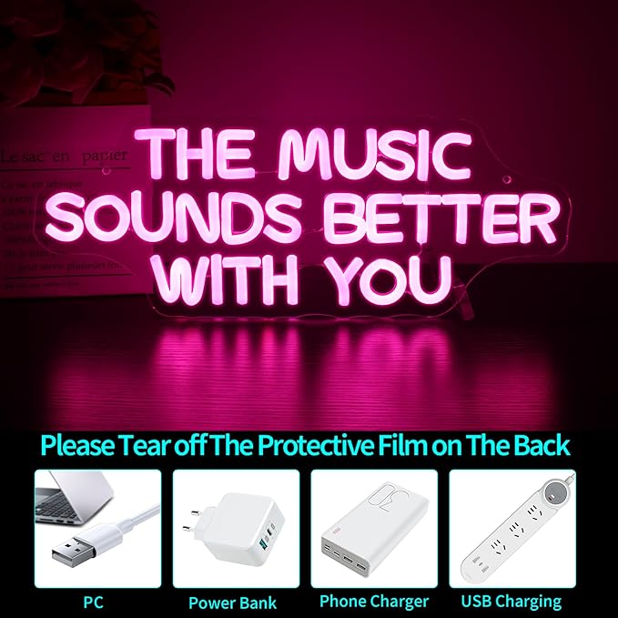 Neon Sign, HSJNJKFU Pink Neon Signs for Wall Decor, Music LED Signs for Party Bedroom Party Birthday Homw Decor, Bar Beer Signs for Man Cave - USB Powered