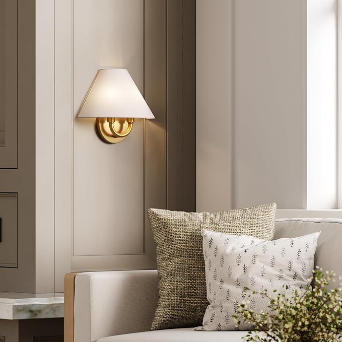 Nathan James Shoal Modern Wall Light Fixture with White Linen Lamp Shade and Vintaged Brass Metal Base for Bedroom or Living Room