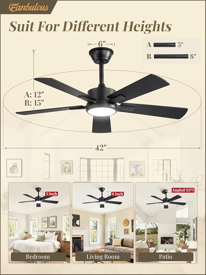Fanbulous 42 Inch Ceiling Fans with Light, Black, Remote & APP Control | Stepless CCT & Dimmable Light, 20W LED Ceiling Fans, 6 Speeds, Reversible Quiet DC Motor, for Bedroom Living Room Apartment
