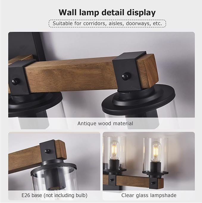 DUJAHMLAND Farmhouse Vanity Lights, 5-Light Wood Bathroom Wall Lighting with Clear Glass, Industrial Metal Wall Sconce for Bedroom, Kitchen, Hallway (Antique Wood, 5-Light)