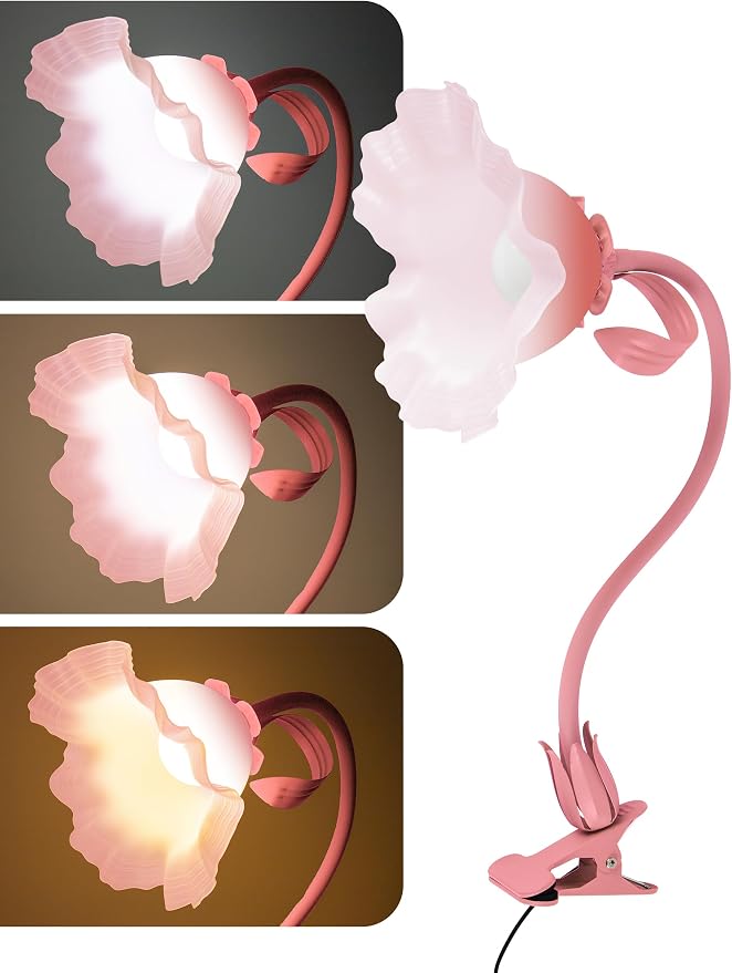 Flower Clip On Desk Lamp for Home and Dorm - Cute Floral Clip On Bedside Book Reading Light, Pink Flower Bunk Bed Lighting, Kawaii Led Flexible Gooseneck Table Lamp for Headboard with Clamp
