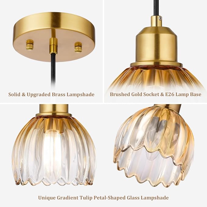 TALOYA 3 Pack Amber with Tulip Glass Pendant Light,Vintage Hanging Light | Adjustable Farmhouse Mini Pendant Lighting Fixture for Kitchen Island, Dining Room, Bedroom, Hallway & Bar Decor
