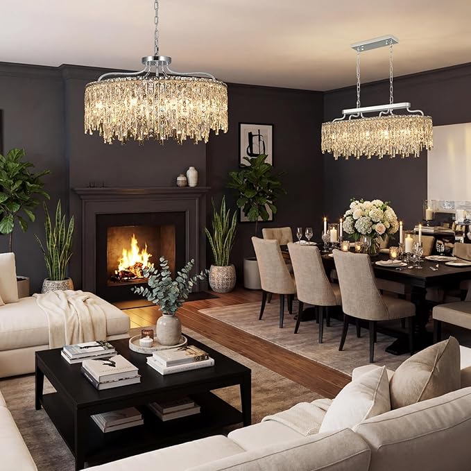 12-Lights Modern Luxury Crystal Chandeliers for Dining Room Light Fixtures Over Table | L36 Chrome Crystal Kitchen Island Lighting | Oval Hanging Chandeliers for Living Room Kitchen Bathroom